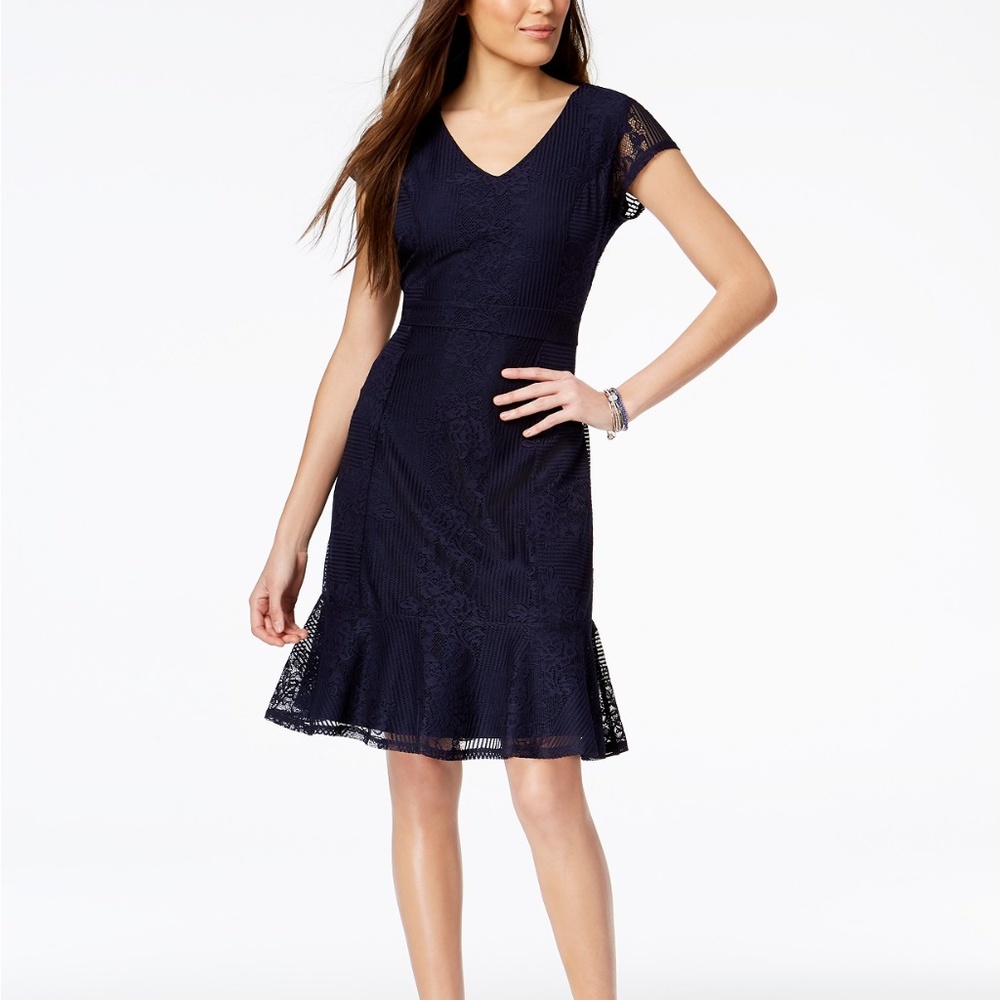 NY Collection Petite Lace Ruffle-Hem Dress Black Size P/S MSRP $65